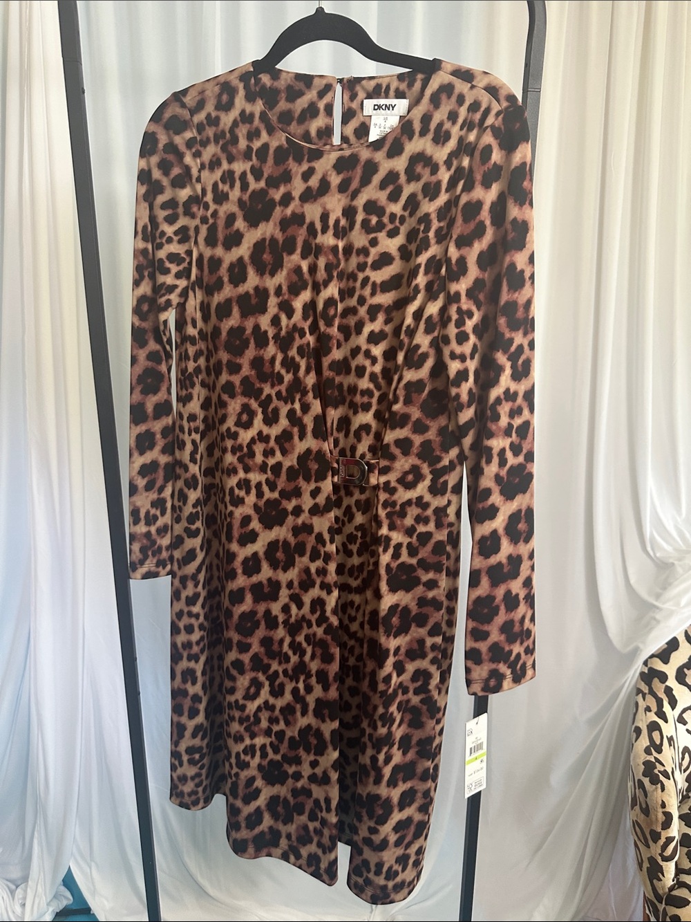 DKNY Leopard Print Long Sleeve Womens Dress in Brown and Black